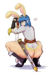 androgynous ass big_ass blue_eyes blue_hair blush boots bottomless bunny_ears dat_ass femboy fingerless_gloves fire_emblem fire_emblem:_mystery_of_the_emblem fire_emblem:_shadow_dragon_and_the_blade_of_light hairband looking_at_viewer male_only marth_(fire_emblem) partially_clothed pink_lips sheath squatting super_smash_bros. sword thick_thighs thighs trap yaoi yellow_kirby