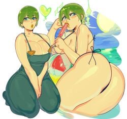 ass ass_focus beach beach_ball big_ass big_breasts bikini blue_eyes breasts foo_fighters green_hair jojo's_bizarre_adventure looking_back ocean overalls popsicle ryota_ravioli sea seaside stone_ocean thick_thighs thighs yellow_lipstick
