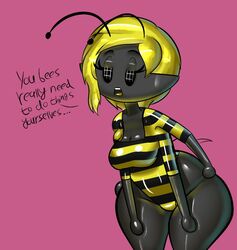 1girls 4_arms antennae anthro ass bee_girl big_ass big_breasts black_skin blonde_hair breasts cleavage clothing female female_only huge_ass humanoid insect kissofvenus open_mouth standing swimsuit text thick_thighs voluptuous wide_hips