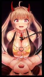 blonde_hair breasts cum cum_on_body eyebrows_visible_through_hair female girls'_frontline heart heart-shaped_pupils horns image_sample large_breasts long_hair looking_at_viewer m870_(girls_frontline) male_urethral_insertion mechanical_tail narane open_mouth orange_eyes paizuri paizuri_under_clothes saliva simple_background smile sounding symbol-shaped_pupils tail twintails twitter_sample urethral_insertion