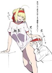 1boy 1girls antenna_hair ass ass_grab ass_worship bangs blonde_hair face_in_ass faceless_male fate/grand_order fate_(series) female gym_uniform hair_bun half-closed_eyes hand_on_head happy headband heart japanese_text jikatarou large_breasts leaning_forward looking_down looking_pleasured male nero_claudius_(fate) one_eye_closed open_smile panties pleasure_face short_hair smile spoken_heart standing thighs white_background white_skin wink