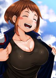 1girls adahcm blush breasts brown_hair cleavage closed_eyes clothed female female_only huge_breasts human my_hero_academia ochako_uraraka rosy_cheeks shirt sky smile solo_focus sweat teeth vest visible_nipples wet