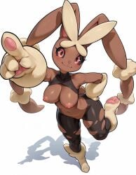 ai_generated anthro arm_on_hip black_pants black_sclera blush breasts brown_fur female furry katalystnya leg_up lopunny mega_lopunny nintendo nipples plain_background playful pointing pokemon pokemon_(species) pussy rabbit_ears rabbit_tail red_eyes ripped_clothing ripped_pants shadow simple_background smile solo tail white_background