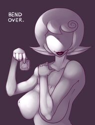 ambiguous_gender black_lipstick breasts condom dialogue homestuck implied_futanari milf ms._lalonde ms_paint_adventures naked nipples no_eyes solo squidapple text white_hair white_skin