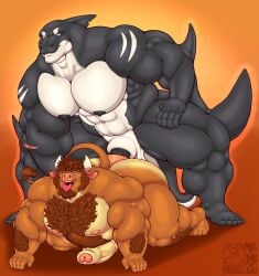 abs anthro balls beard black_body black_scales body_hair bovid bovine brown_body brown_fur bugg cattle chest_hair curved_horn duo elbow_fin erection facial_hair fish foreskin fur genitals gradient_background half-closed_eyes hi_res horn hotdogsauau humanoid_genitalia humanoid_penis knot male mammal marine muscle_tone muscular muscular_anthro muscular_male narrowed_eyes nude open_mouth open_smile pecs penis scales scar shark simple_background smile smirk smug smug_face smug_grin tan_body tan_fur tongue tongue_out uncircumcised vein veiny_penis white_body white_scales