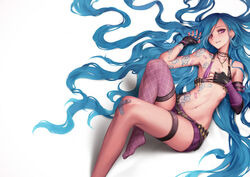 1girls armpits bandaid blue_hair bra bullets female female_only flat_chest flat_chested gloves jinx_(league_of_legends) laying_down league_of_legends legwear long_hair looking_at_viewer necklace oopartz_yang pink_eyes riot_games shorts smiling tattoo