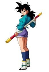 1girls ai_assisted ai_generated ass ass_focus black_eyes black_hair bo_staff breasts dragon_ball_z genderswap_(mtf) joke_art kneesocks long_hair self_upload selvokaz short_shorts smile son_goten