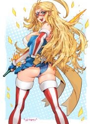 absurdres ahoge american_flag american_flag_print ass blonde_hair blue_eyes boots breasts cleavage clothing_cutout contrapposto domino_mask earrings elbow_gloves energy_sword eye_mask female fingerless_gloves flag_print gloves gold_bow highres jewelry kamen_america kamen_america_(character) large_breasts leotard long_hair looking_at_viewer mask open_mouth patriotism reverse_grip smile solo star_(symbol) star_cutout star_earrings striped_clothes striped_footwear superhero_costume sword thigh_boots vertical-striped_footwear weapon xdtopsu01