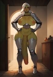 1futa ai_generated armor big_breasts big_penis doorway exposed_breasts exposed_penis fantasy flaccid full_body futanari green_skin hand_on_hip highres huge_breasts huge_cock indoors long_penis looking_at_viewer medieval orc penis_to_the_knees self_upload small_waist standing supermanson thick_thighs tusks white_hair wide_hips