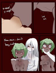 1boy 2girls big_breasts blowjob blush breasts collaborative_fellatio comic cum_in_mouth cum_in_throat dark-skinned_female deepthroat emerald_sustrai eye_contact fellatio female femdom femsub ffm_threesome green_hair gulp hair_down inuyuru lips looking_to_the_side medium_breasts nipples no_gag_reflex older_female oral oscar_pine penis pov red_eyes rwby salem_(rwby) small_breasts straight surprised_expression swallowing_cum swallowing_penis_while_deepthroat threesome throat_bulge wide_eyed witch_fucker