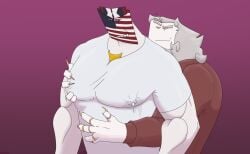 alkazar_ishrtaz american_flag arvien big_pecs blue_eyes bodily_fluids body_hair chest_hair claws clothing countryhuman dress_shirt eyebrows flaghead gradient_background grin hi_res humanoid jewelry lactating lactating_through_clothing male male/male male_lactation maximilian_(veganvore) milk muscular muscular_male nipple_outline not_furry pecs pupils rectangular_head ring shirt simple_background smile smirk t-shirt thick_eyebrows tight_clothing topwear united_states_of_america veganvore wet wet_clothing white_pupils yellow_eyes