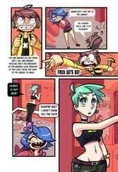 1boy 2girls ahoge backpack bandage blue_hair bra braces brown_hair choker cleavage comic condom condom_packet_strip determination dumfer earrings english_text female game_freak gameboy gameboy_advance gerph green_eyes green_lipstick happy headphones hourglass_figure jacket light_green_hair mint_(skarp_world) nintendo panties plus-shaped_pupils plus_symbol plushie pokeball pokemon poster sharp_teeth short_shorts skarp_world skarpne_(skarp_world) speech_bubble tamagotchi tank_top text the_legend_of_zelda triforce wristband yellow_eyes