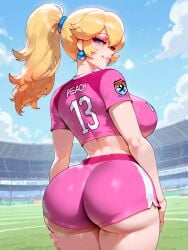 1girls ai_generated ass blonde_hair breasts difuxer female female_only large_ass large_breasts light-skinned_female light_skin mario_(series) princess_peach soccer_uniform solo sportswear thick_thighs thighs white_background wide_hips