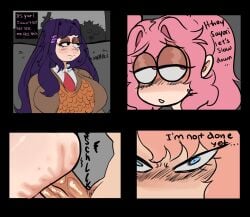 1futa 2girls 4koma almost_caught comic doki_doki_literature_club english english_text futanari hidden_sex large_breasts lemonadepikachu long_hair natsuki_(doki_doki_literature_club) penetration pink_hair purple_hair pussy_juice sayori_(doki_doki_literature_club) yuri_(doki_doki_literature_club)