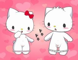 big_ears blush bow cute_girl cute_male hair heart_background hello_kitty hello_kitty_(character) innie_pussy looking_at_genitalia looking_at_partner no_shirt no_shoes open_mouth pink_background pussy_blush small_penis tail testicles underwear underwear_down white_body