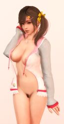 1girls 3d bottomless breasts brown_eyes brown_hair dead_or_alive dead_or_alive_xtreme_venus_vacation female female_only female_pubic_hair hair_ornament hairbow human jewelry large_breasts lips looking_at_viewer misaki_(doa) mouth_open navel necklace nipples pubic_hair shirt side_tail solo tied_hair uncensored