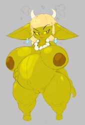 blonde_hair breasts earrings female goblin goblin_female green_skin horns lipstick pearl_necklace ponk-u pregnant pussy