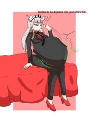 1girls belly_bulge belly_squeeze bonnestar12 business business_attire business_suit business_woman digestion digestion_noises female_pred helltaker implied_digestion implied_vore lucifer_(helltaker) male_prey teasing vore vore_belly