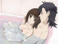 bathroom bathtub blush female intimate laying_back legs_together looking_at_another male marinerman mei_tachibana nude partially_submerged romantic_couple say_i_love_you shoujo sitting_on_lap steamy straight sukitte_ii_na_yo water yamato_kurosawa