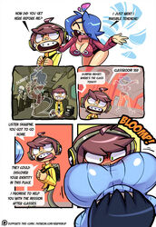 backpack bandage braces breasts_on_face cleavage comic dumfer eclair_(skarpworld) female gerph green_eyes headphones huge_breasts invisible_woman jacket long_tongue looking_back school_bus short_shorts skarp_world skarpne_(skarp_world) speech_bubble sweater