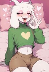 1boy ai_generated asriel_dreemurr big_thighs blowjob_gesture breathing brown_shorts civitai drooling femboy femboysub girly_boy hearts looking_at_viewer navel on_bed pink_eyes pony_diffusion_xl pretty_boy shorts solo sweater undertale white_fur