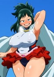 1girls arm_behind_head armpits big_breasts breasts cape costume dark_green_hair enbitonbi female female_only green_eyes hair half-closed_eyes highleg_leotard hips huge_breasts inko_midoriya leotard mature mature_female mature_woman milf my_hero_academia nipple_bulge red_skirt skirt smile solo solo_female steam steamy_breath superhero_costume superheroine thighs white_leotard