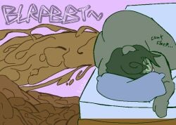 anthro anus ass big_anus big_butt blue_bedding blue_pillow brown_feces excessive_feces feces green_body green_hair hair head_on_pillow huge_anus huge_butt hyper hyper_anus hyper_butt hyper_feces hyper_scat lying male mammal mephitid on_side onomatopoeia pillow pooping_on_floor scat skunk solo sound_effects swirl_(helloimfurry) swirlspicysoup text watermark
