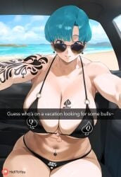 1girls ai_generated belly_piercing bikini blue_eyes blue_hair bulma_briefs car_interior cheating cheating_(relationship) cheating_wife dragon_ball dragon_ball_z earrings helltoyou huge_breasts mature_female milf netorare ntr qos_clothing qos_tattoo queen_of_spades short_hair snapchat solo sunglasses