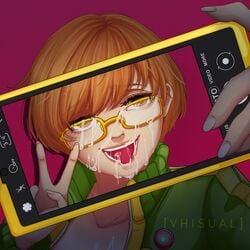 after_fellatio camera cum cum_in_mouth cum_on_face cum_on_glasses glasses persona persona_4 phone satonaka_chie selfie vhisual