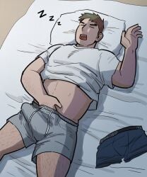 asleep bara big_bulge bulge clothing erection_under_clothes jongari222 male male_only morning_wood muscular_male penis_outline sleeping