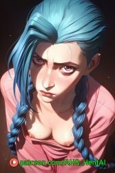 ahq_hentai ai_generated arcane arcane_jinx blue_hair blush breasts exposed_breasts jinx_(league_of_legends) league_of_legends nipples nsfw pajamas pink_eyes shy stable_diffusion