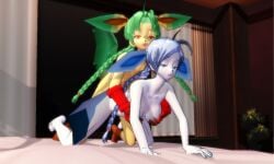 3d_(artwork) anthro braided_hair braided_pigtails breast_size_difference breasts clothing digital_media_(artwork) dry_humping duo eeveelution female female/female generation_4_pokemon glaceon gloves hair handwear holding_breast humping leafeon nintendo plant plant_pot pokemon pokemon_(species) potted_plant ray670