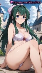 1girls ai_generated anime anime_style arm_support asian ass bangs bare_arms bare_legs bare_shoulders bikini blue_eyes blue_sky blunt_bangs blush bow bow_bra bra breasts building bust busty cameltoe castle cleavage closed_mouth cloud collarbone day feet_out_of_frame female female_focus female_only green_hair hair_intakes hair_ribbon hairbow hentai juicy_butt knees_up lace-trimmed_bra large_breasts legs long_hair looking_at_viewer medium_breasts natsuyoru outdoors panties pantsu ponytail ribbon sidelocks sitting sky smile solo solo_female tate_no_yuusha_no_nariagari the_rising_of_the_shield_hero thighs underwear underwear_only voluptuous voluptuous_female white_bra white_panties yomogi_emarl