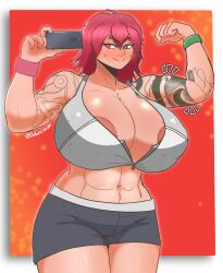 abs bebecoven emphasis_lines large_breasts margaret_(bebecoven) oc original original_character red_eyes red_hair simple_background tattoo