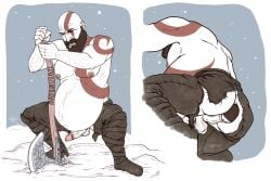 anal_pregnancy bald balls beard birth body_markings god_of_war kratos male male_only male_pregnancy manly mpreg penis scar shirtless snow solo solo_male tagme tattoo weapon