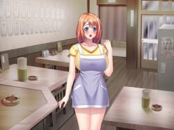 1girls apron blush breasts chopsticks cleavage closed_mouth clothed clothed_female desk female female_only game_cg gigantic_breasts huge_breasts kyonyuu_shokudou_harami_teishoku massive_breasts mizunagi_moeno night open_eyes orange_hair orange_hair_female short_hair short_hair_female short_orange_hair skirt sliding_doors solo_female surprised surprised_face yellow_clothes