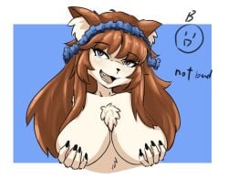 1girls anthro big_breasts black_souls black_souls_2 blue_eyes blue_headband breasts brown_hair canine covered_nipples english_text female female_only florence_(black_souls) furry grin hand_on_breast hands_on_breasts light_fur long_hair looking_at_viewer robo smile solo standing text