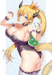 1girls 2d armpits ass big_breasts blonde_hair blue_eyes boobs_and_butt_pose bowsette breasts collar earring earrings eschergirl female female_only horns huge_breasts human humanoid kawase_seiki light-skinned_female light_skin long_hair looking_at_viewer mario_(series) new_super_mario_bros._u_deluxe nintendo pale-skinned_female pale_skin pointy_ears ponytail rule_63 sharp_claws sharp_fingernails sharp_nails solo spiked_armlet spiked_bracelet spiked_collar spiked_shell spiked_tail spiked_thighlet super_crown tail turtle_shell