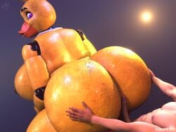 1boy 1boy1girl 1girls 3d animatronic anthro artist_signature ass_focus ass_grab ass_up avian beak big_breasts bird bird_girl breasts buttjob chica_(fnaf) chica_(octal) chicken chicken_girl chubby chubby_female female female_focus female_on_top five_nights_at_freddy's from_behind furry galliform joints looking_back male/female masteryorg0 nipples nude nude_female orange_beak overweight overweight_female penis_on_ass phasianid purple_eyes smiling straight sun sunlight watermark yellow_body