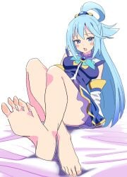 absurdres aqua_(konosuba) aqua_hair aqua_hair_female bare_legs barefoot beads bed_sheet blue_eyebrows blue_eyes blue_eyes_female blue_hair blue_hair_female blue_skirt blush blush_face blush_lines blush_stickers blushed_face blushing_at_viewer blushing_face blushing_female breasts brooch convenient_leg detached_sleeves feet female foot_focus foreshortening full_body hair_beads hair_between_eyes hair_ornament highres jewelry kono_subarashii_sekai_ni_shukufuku_wo! long_hair looking_at_viewer medium_breasts noyama_takenoko open_mouth parted_lips simple_background sitting skirt soles solo straight_hair toenails toes tongue useless_goddess very_long_hair white_background