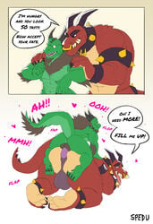 2boys anal anal_sex anthro ass balls big_sub claws comic dragon duo english_text fur gay horn instant_loss_2koma male male/male male_only male_penetrating mane muscular muscular_male nude open_mouth penetration penis scales sex size_difference small_dom_big_sub small_on_top spedumon submissive_male teeth text tongue tongue_out yaoi