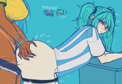 1futa 1girls argentina argentinian_miku ass_grab booty_shorts brazil brazilian brazilian_female brazilian_futa brazilian_miku cyan_eyes cyan_hair doggy_style futa_on_female futanari hatsune_miku light_skinned_female plap portuguese_text secretpulif selfcest size_difference spanish_text tanned_futa