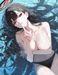 ai_generated bellmod3 big_breasts black_hair blue_archive bottomwear_only covering_nipples finger_to_mouth partially_submerged pool red_eyes rio_(blue_archive) swimming_pool topless topless_female wet wet_body wet_breasts wet_skin