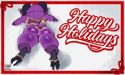 2024 ass christmas christmas_card digital_media_(artwork) english_text female frozenartifice fur happy_holidays hi_res holidays hooves horn lying mammal mythological_creature mythology nude on_front outside playing_in_snow purple_body purple_fur simple_background snow tail text thick_thighs yeti