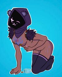 amematoi artist_cant_make_up_mind_on_being_a_furry blue_background boobs_out breasts dark-skinned_female epic_games fluid_on_breasts fortnite hood hood_up liquid_on_breast midriff nude_female raven_team_leader raven_team_leader_(fortnite) tagme technically_not_furry_but_whatever thighhighs thighs white_outline