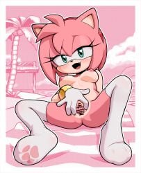 absurdres amy_rose animal_nose anus beach breasts censored from_below furry furry_female gato_del_futuro green_eyes hairband hedgehog_girl highres lying medium_breasts nude on_back pawpads pink_fur pussy red_hairband socks sonic_(series) spread_legs spread_pussy spreading_own_pussy thighhighs towel urethra white_socks