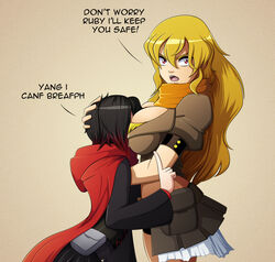 2girls big_breasts blonde_hair breast_smother breasts cleavage female female_only large_breasts ravenravenraven rooster_teeth ruby_rose rwby text yang_xiao_long