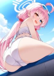 ass ass_focus big_ass bikini blue_archive blue_sky blush darkswan frilled_bikini halo heterochromia hoshino_(blue_archive) hoshino_(swimsuit)_(blue_archive) long_hair looking_at_viewer looking_down pink_hair sitting smile smiling_at_viewer sunglasses swimsuit thighs white_bikini