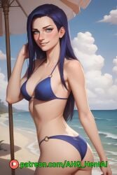 ahq_hentai ai_generated arcane arcane_caitlyn beach bikini blue_bikini blue_hair blush caitlyn_kiramman league_of_legends patreon perfect_body shy stable_diffusion standing