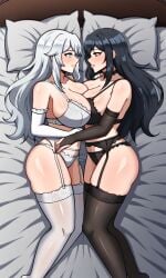 2girls ai_generated armwear black_armwear black_legwear black_lingerie black_thighhighs legwear lingerie pixai tagme thighhighs white_armwear white_legwear white_lingerie white_thighhighs yuri